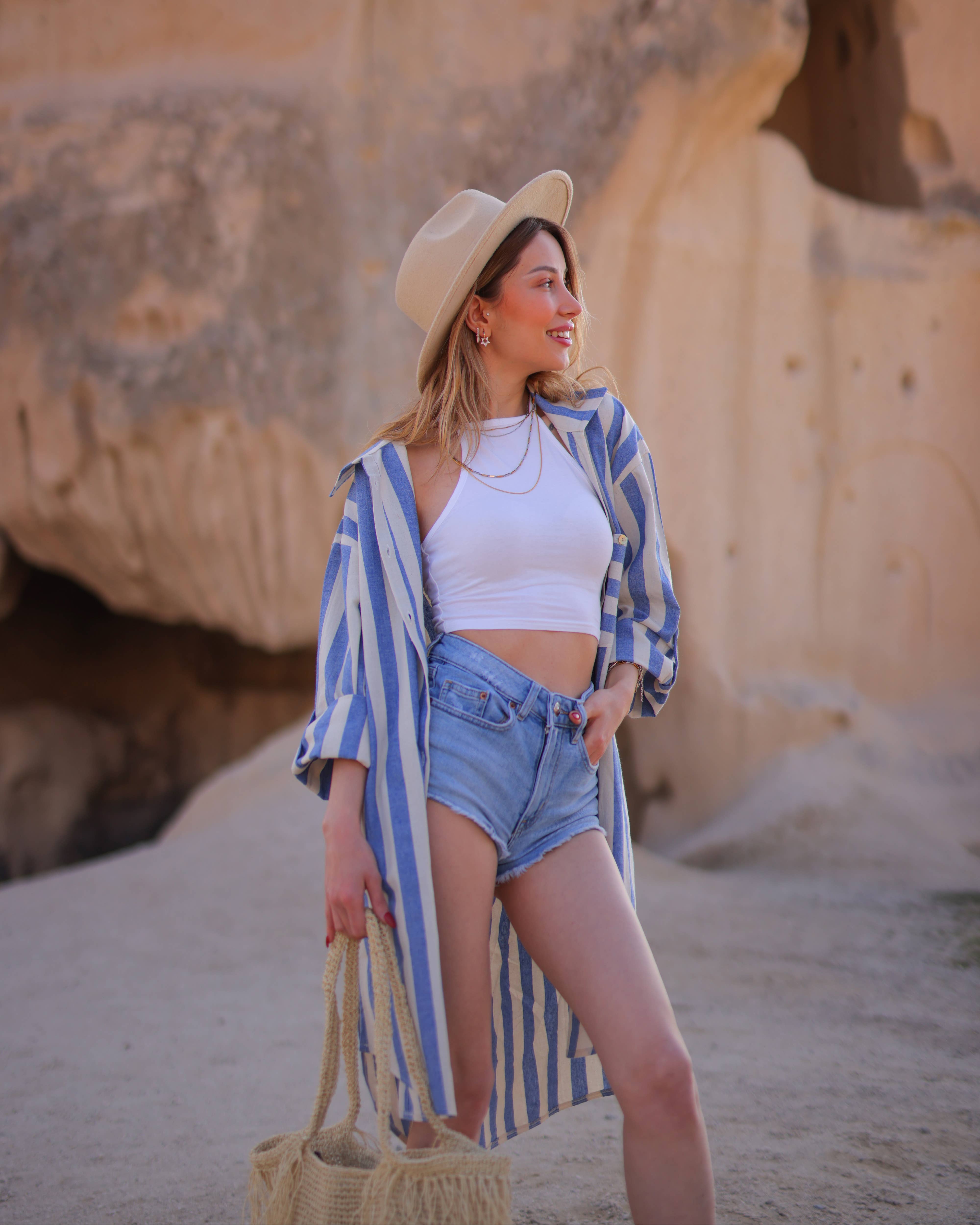 Moa - Wholesale Dress - Women's - Striped Short Linen Shirt Dress5