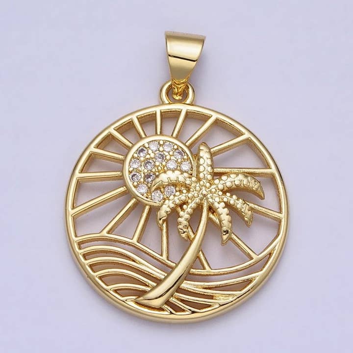 Gold Sunny Beam Beach Palm Tree Clear Micro Paved CZ Round Open Charm | AA162 for wholesale by Aim Eternal