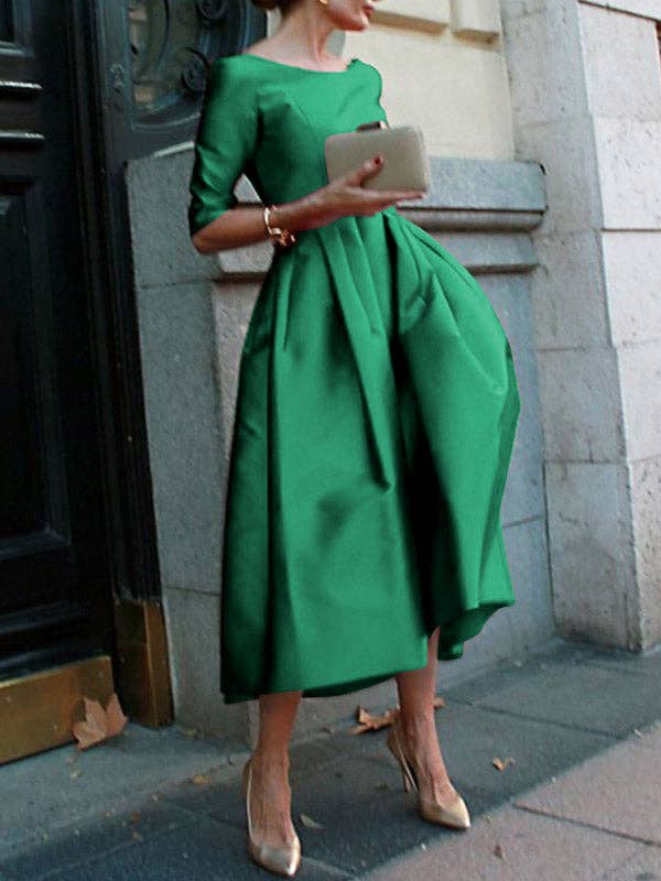 Sheer Trend – Großhandel Kleid – Damen – A-Linien Midi-Kleid mit lockerem Schnitt, Falten, Taschen und Rundhalsausschnitt in Uni-Farbe7