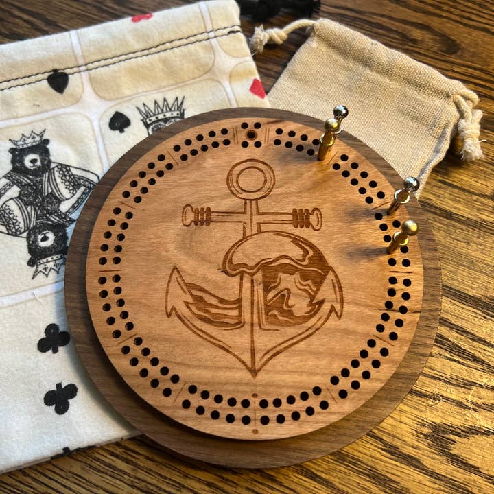 North Country Craft - Wholesale Board Game - Nautical Anchor Wave Cribbage Board with Drawstring Bag1