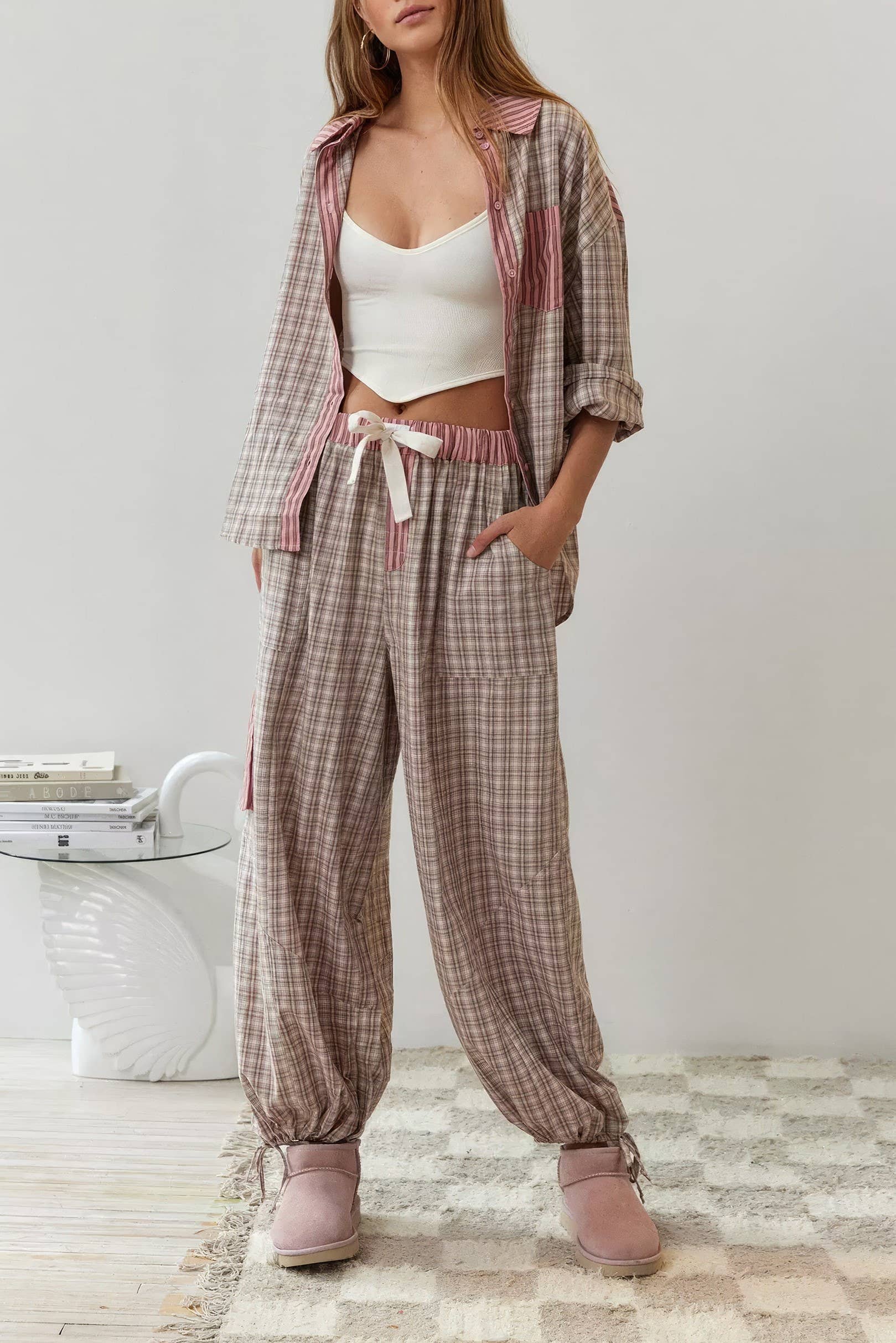 Rosa Clothing - Wholesale Sleepwear Set - Women's - Pink plaid patchwork loose pajama set0