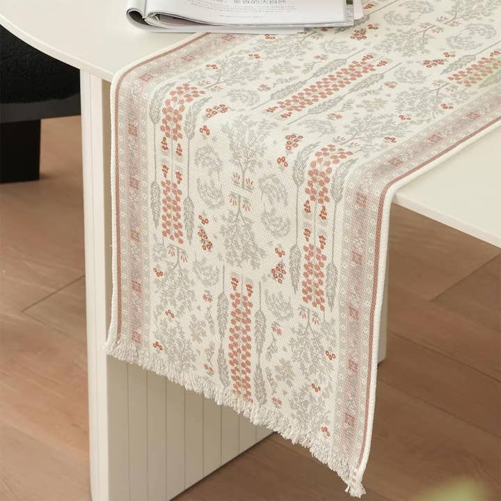 Fennco Styles - Wholesale Table Runner - Coral Botanical Flower Fringed Cotton Blend Table Runner5
