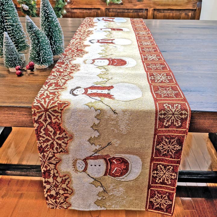 Tache Mr. & Mrs. Snowman Couple Woven Tapestry Table Runners (10323TR) for wholesale by Tache Home Fashion