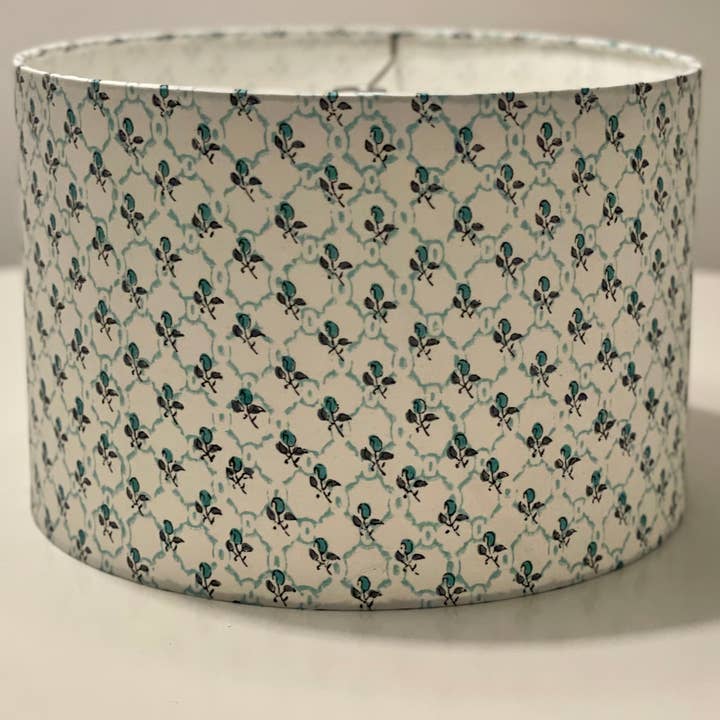 Olive and Limpet – wholesale Lampshade – 12 Inch Drum Shade. Indian Hand Block Print. Pretty Teal Lattice and Buta Pattern.2