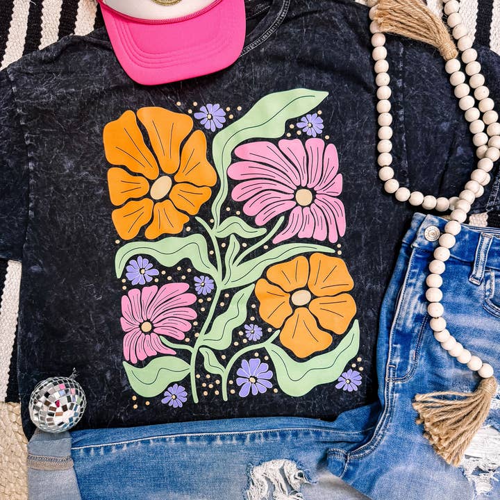 Acid Wash Floral Patchwork Boho Graphic Tee for wholesale by ZZ Threadz