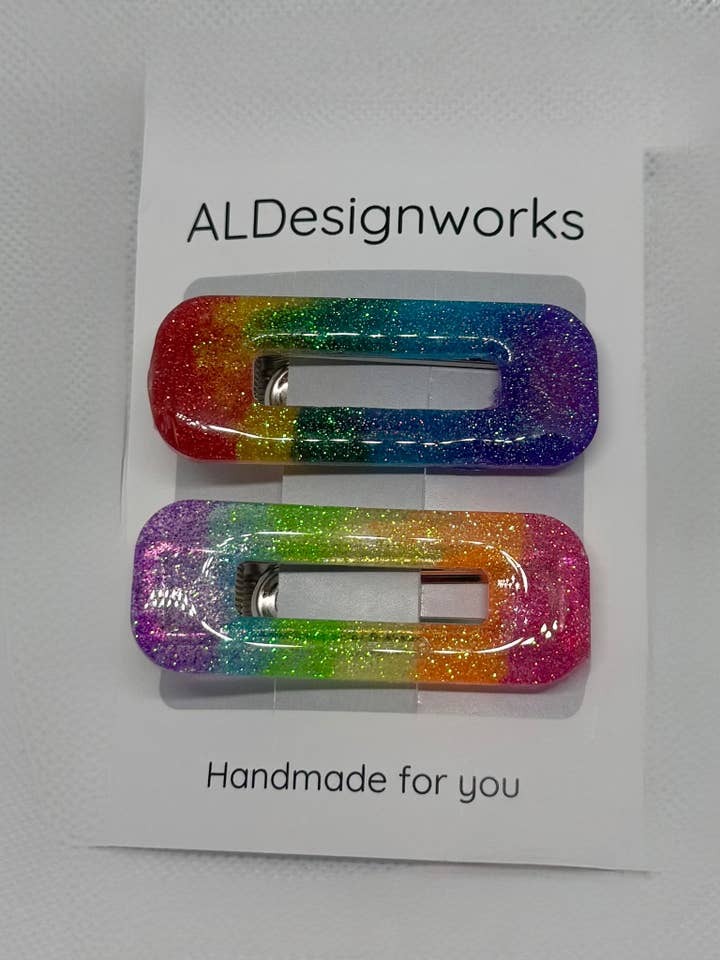Rainbow glitter barrette set (Handmade in New Jersey) for wholesale by AL Designworks