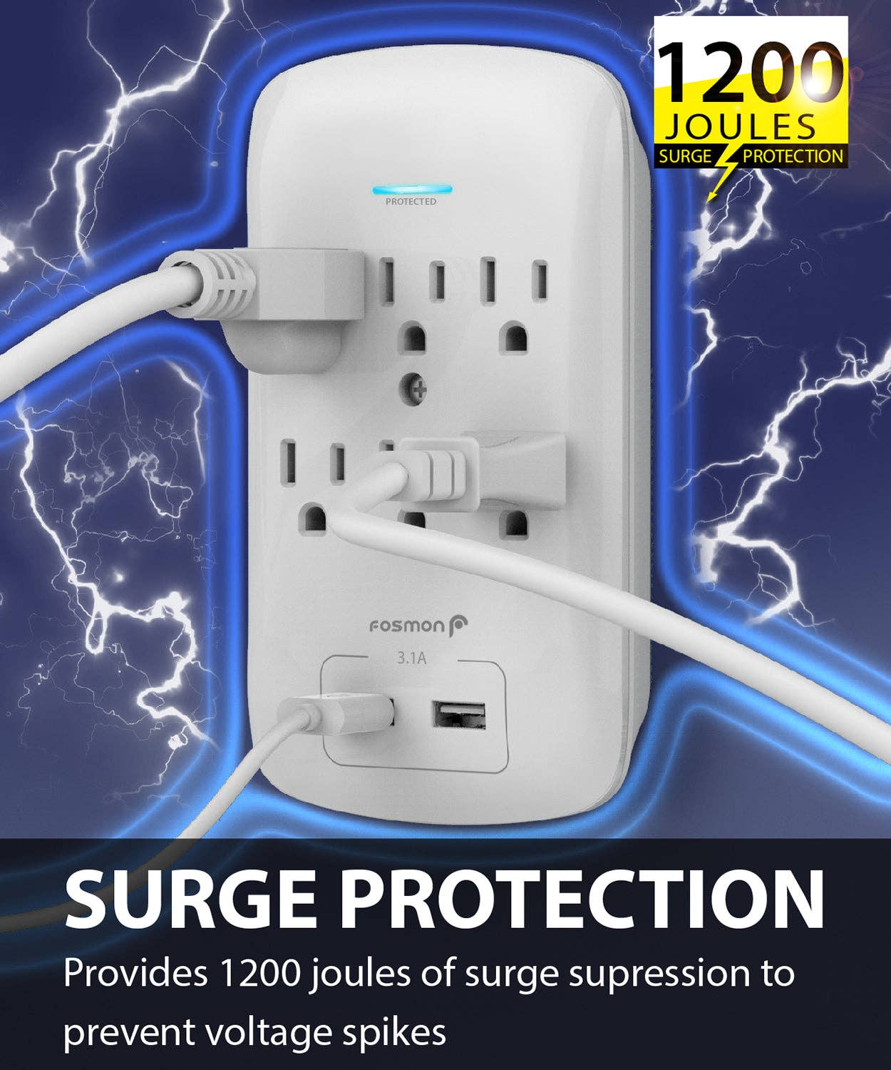 Fosmon - Wholesale Power Adapter - 6 Outlet 1200 Joules Surge Protector with 2 USB Ports2