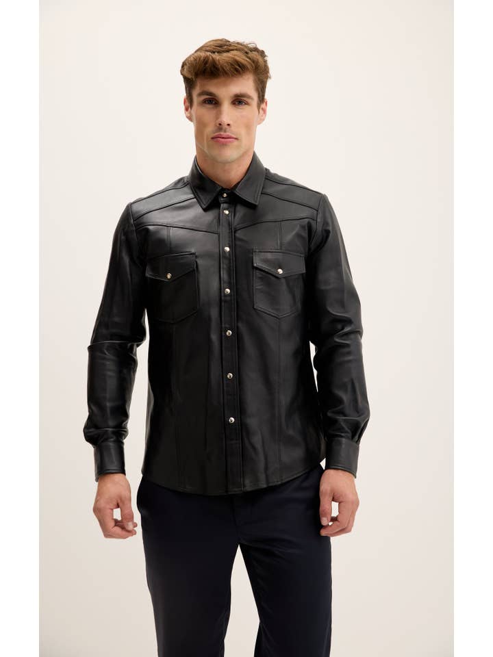 Men's Genuine Lambskin Leather Shirt - Black for wholesale on Faire3