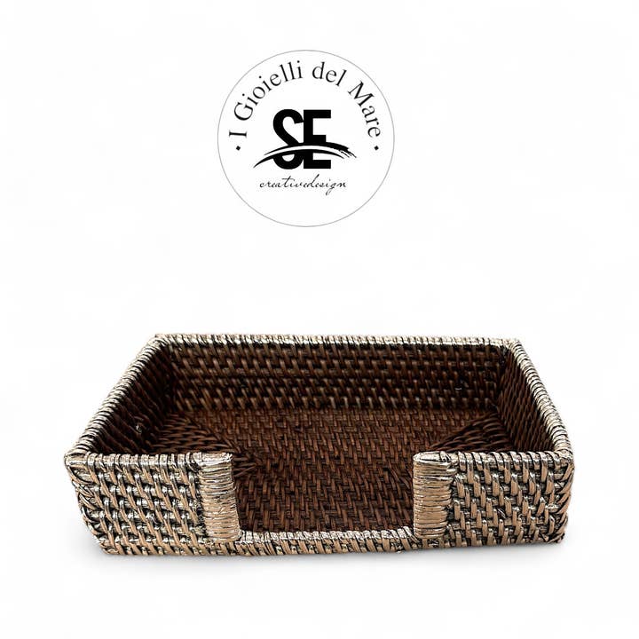 Porte-serviettes rectangulaire en rotin plaqué argent pour la vente par I Gioielli del Mare di Salvatore Esposito