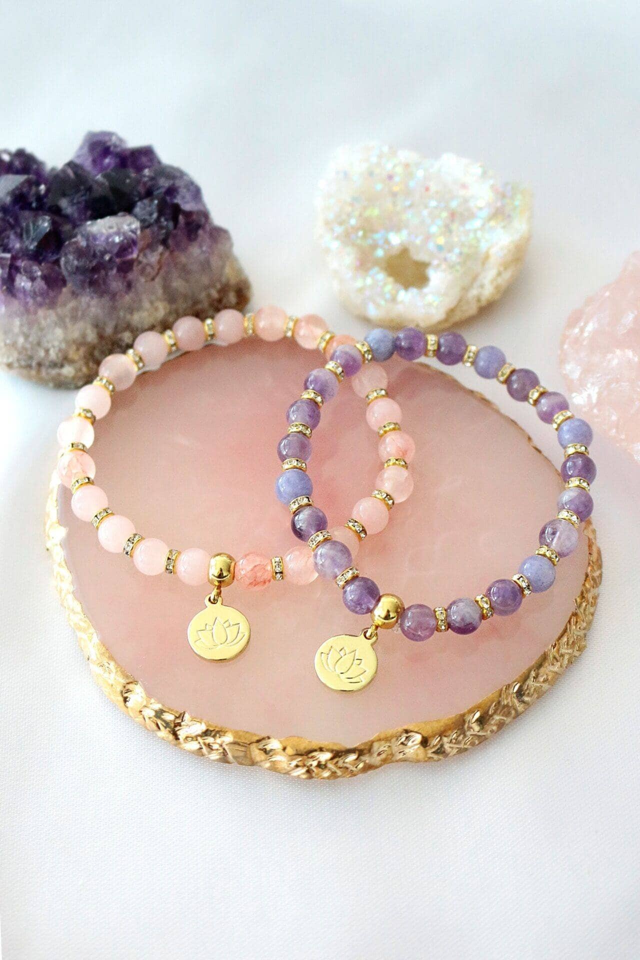 Divine Dulcet - Wholesale Beaded Bracelet - 24 Karats Rose Quartz - Amethyst Elastic Bracelet4