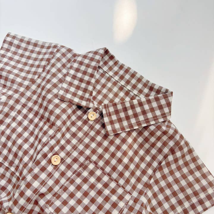 Coffee Summer Arrival Baby Boys Casual Plaid Turn-down Collar Short Sleeves Onesies for wholesale on Faire