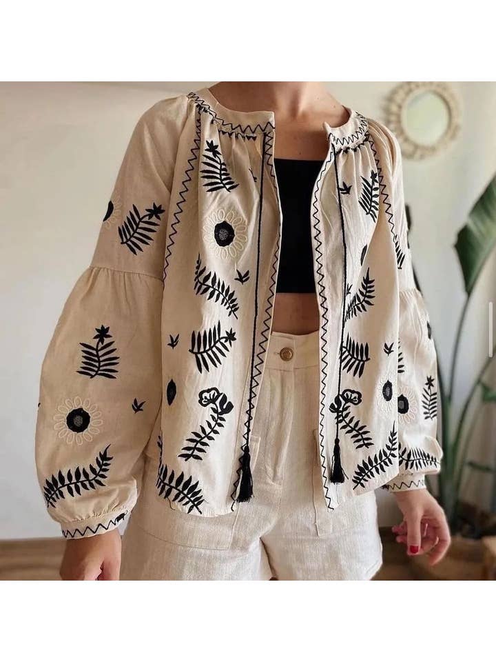 miglo - Wholesale Jacket - Women's - black embroidered linen bohemian jacket