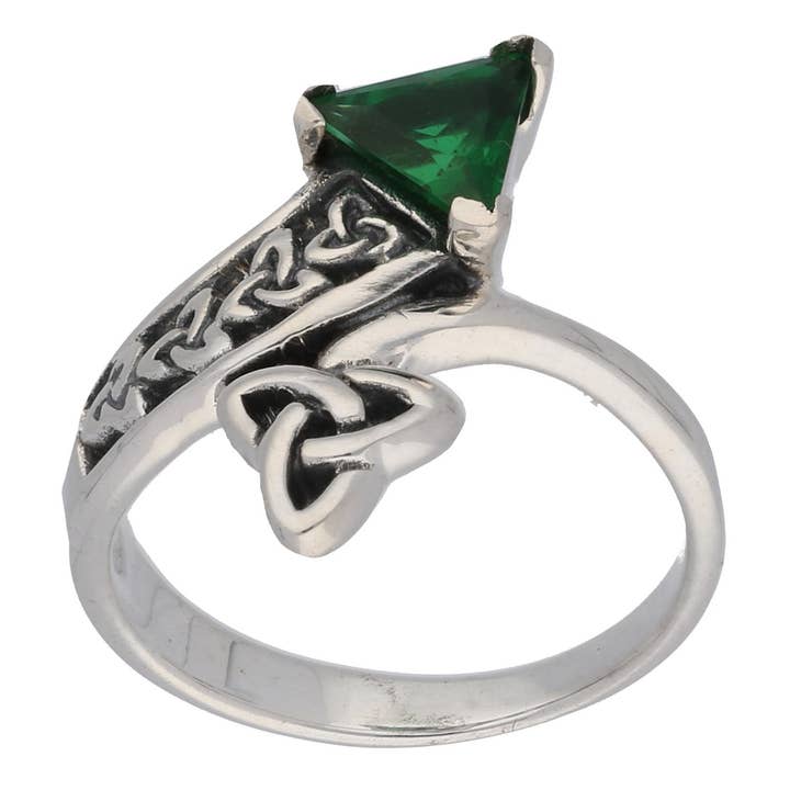 Triquetra Celtic Trinity Knot Green Glass Trillion Bypass Sterling Silver Ring for wholesale by Silver Insanity