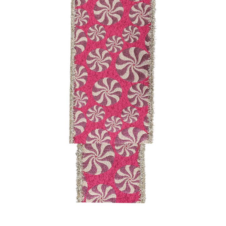 LA Ribbons Wholesale - Wholesale Ribbon - Gift Wrapping - Wired Jacquard Ribbon Peppermint Fuschia Tinsel Edge 5yd