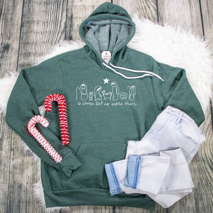 Manger O Come Let Us Adore Him Premium Fleece Hoodie for wholesale by EllyandGrace