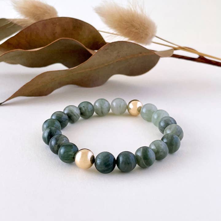 Skia Bracelet with Green Hair Jasper & 14k Gold for wholesale by Ann Saint James