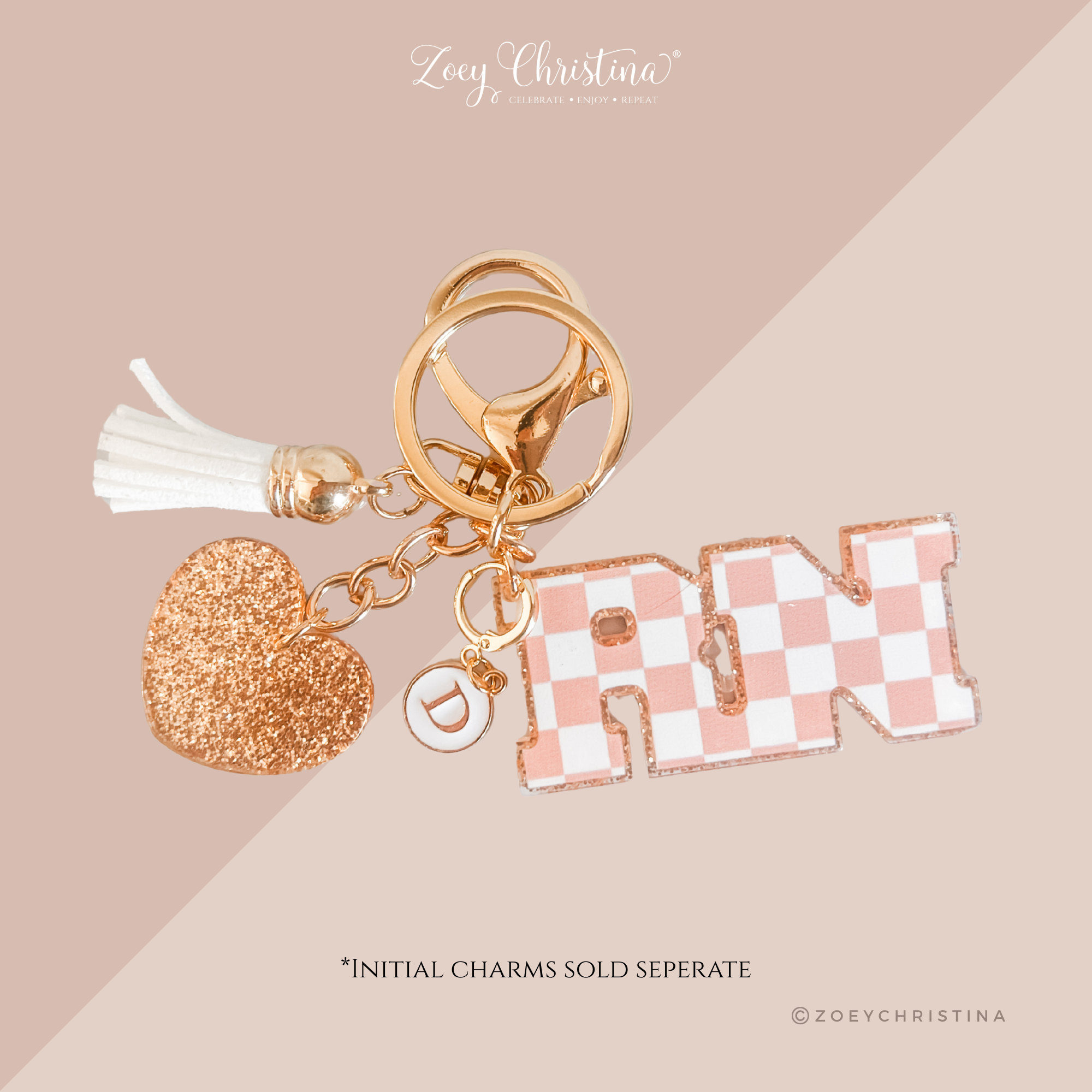 Zoey Christina - Wholesale Keychain - Women's - RN Keychain – Checkerboard Letter Charm with Tassel & Heart10