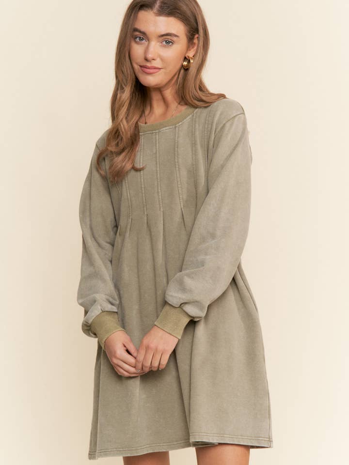 Moss Green Pleated Round Neck Long Sleeve Sweater Dress for wholesale on Faire4