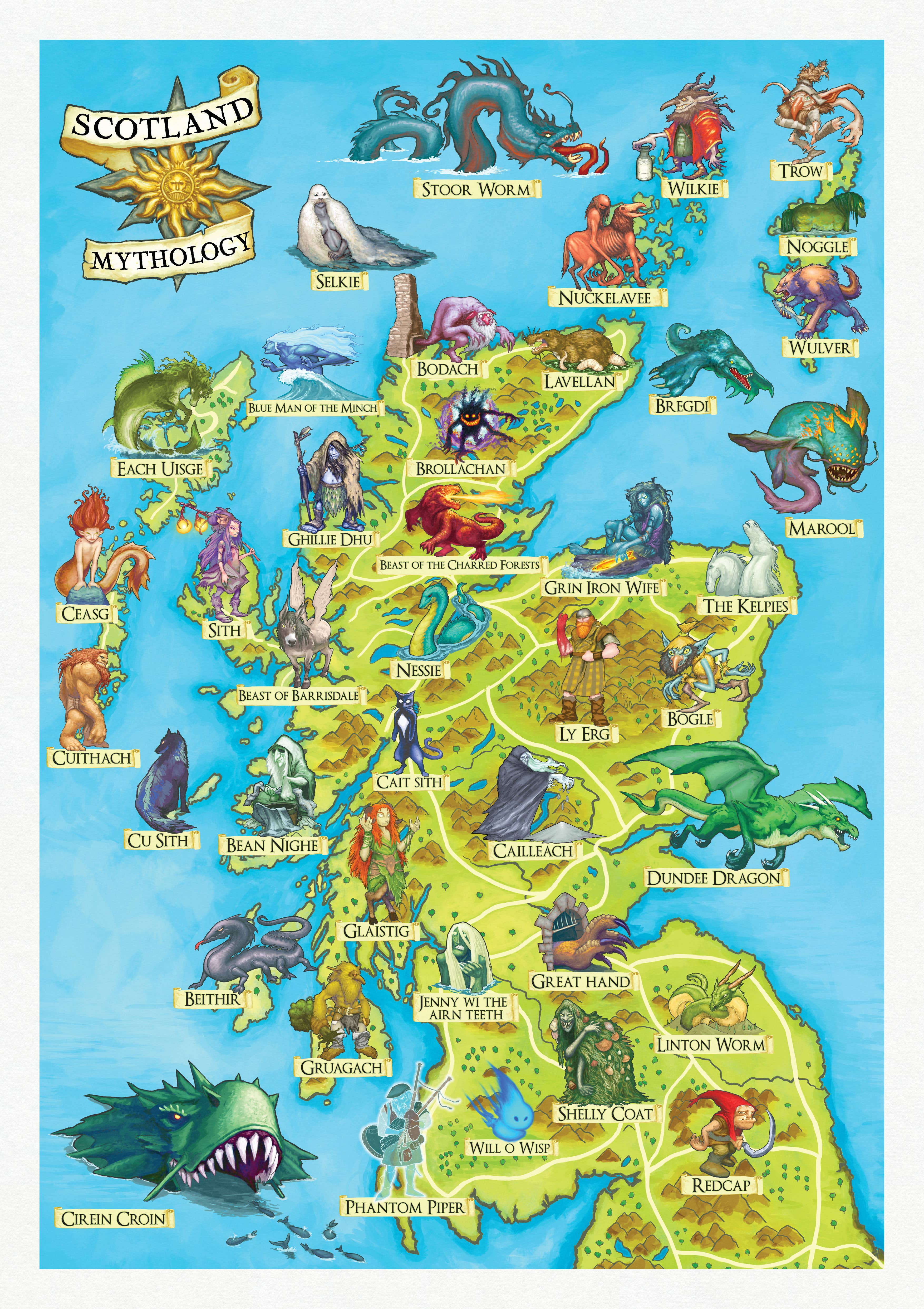 Printagonist – wholesale Art print – Scottish Mythology - Illustrated Map -  Mythical Beasts6