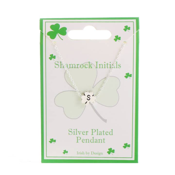 IRP-021S Silver Plate Shamrock Initial Pendant S for wholesale by Celtic Ore Crafts