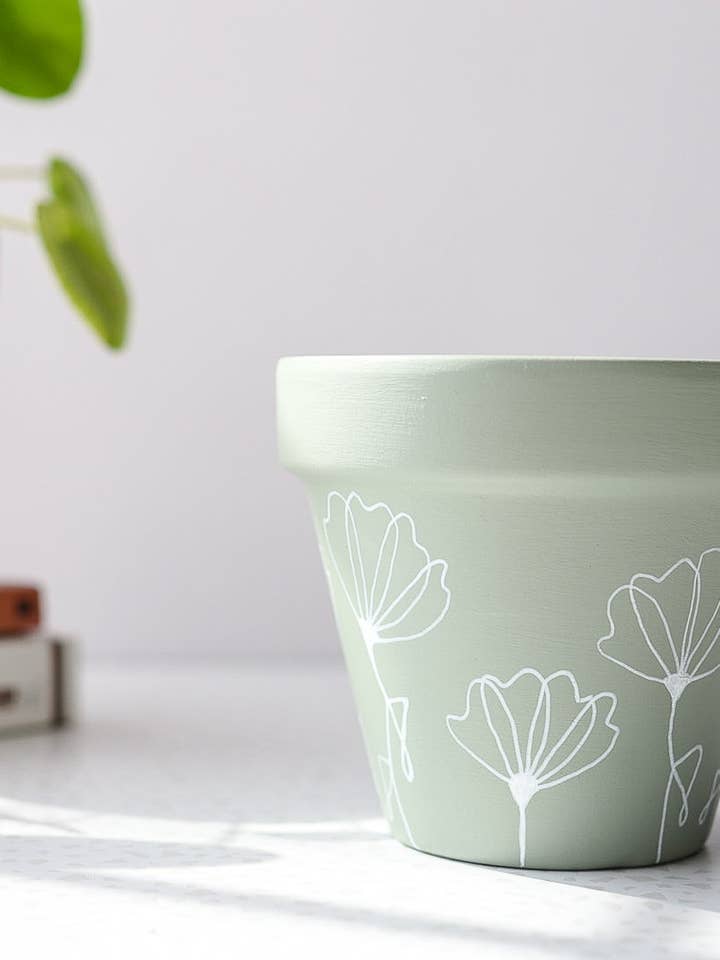 Sage Floral Hand Painted Terracotta Pot with Drainage Hole for wholesale by Aloe Painted Pots