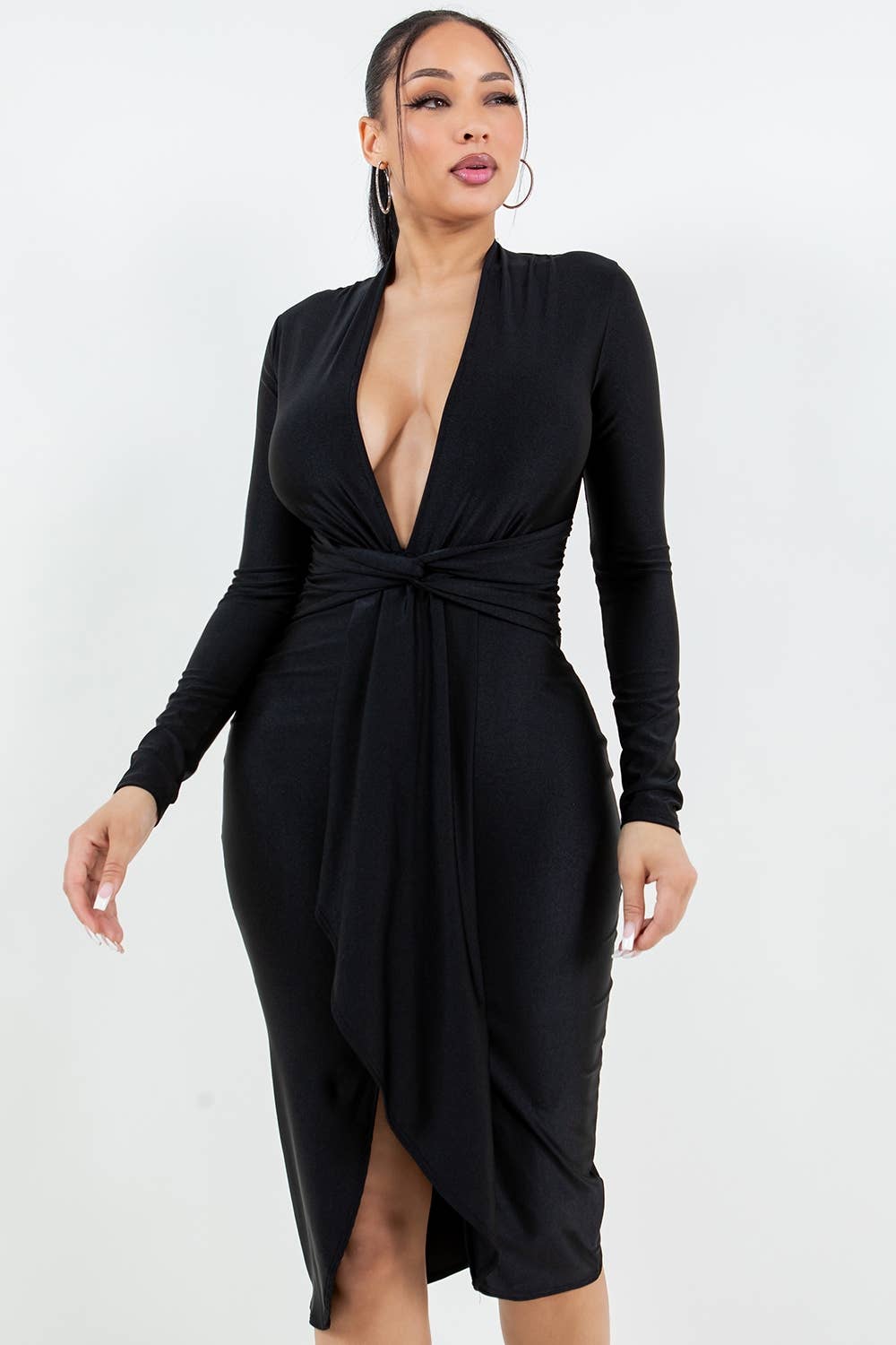 Uptown Apparel - Vente Robe – femme - ROBE EN TRICOT BRILLANTE AVEC VOLANT FRONTAL3