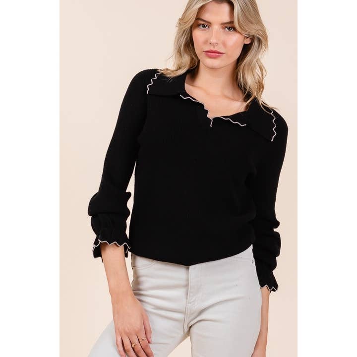 Frill Edge Detail Polo Collar Knit Sweater for wholesale by LIME N CHILI