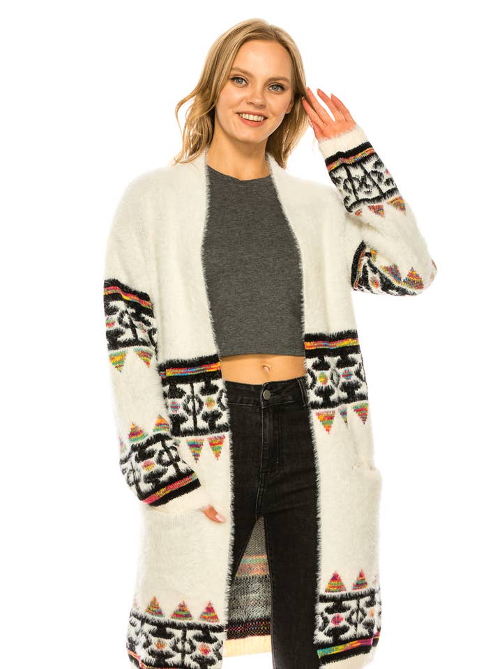 CLR-OUG80709 Stammesgestreifte Strickjacke mit offenem Vorderteil für den Großhandel von Oceanus Apparel