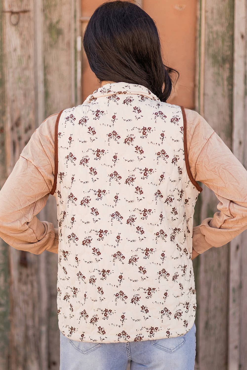 As shown Fashion-W Floral Print Zip Up Quilted Vest for wholesale on Faire1