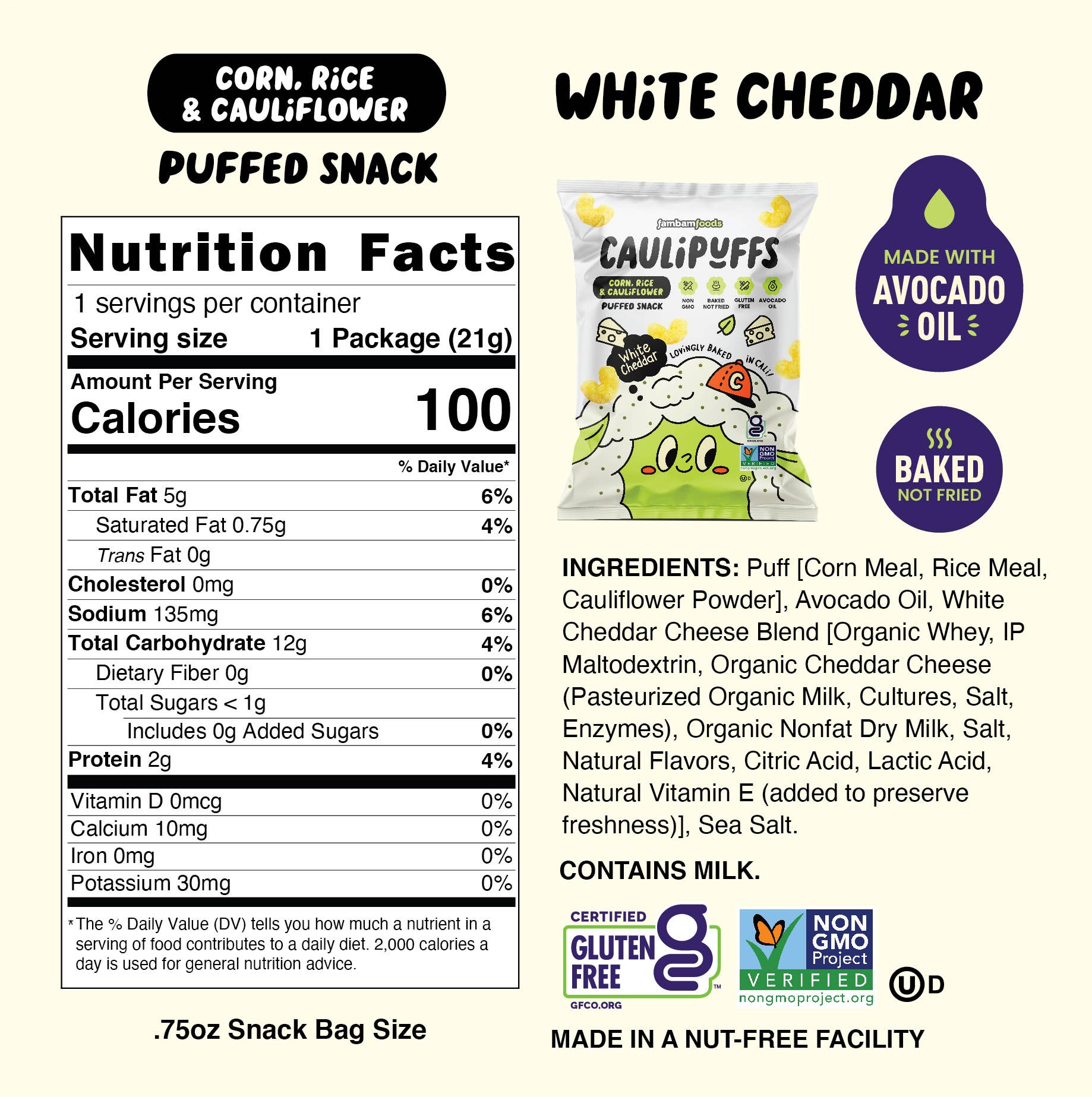 CauliPuffs - Wholesale Puffed Snack - CauliPuffs White Cheddar Puffs (45Ct) .75oz Snack Bags3