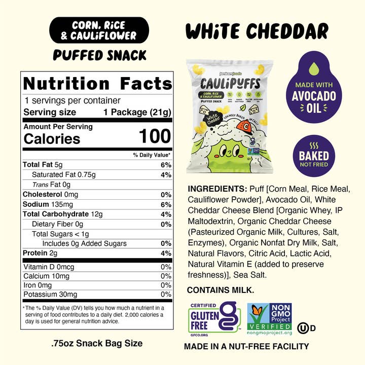 CauliPuffs - Wholesale Puffed Snack - CauliPuffs White Cheddar Puffs (45Ct) .75oz Snack Bags3