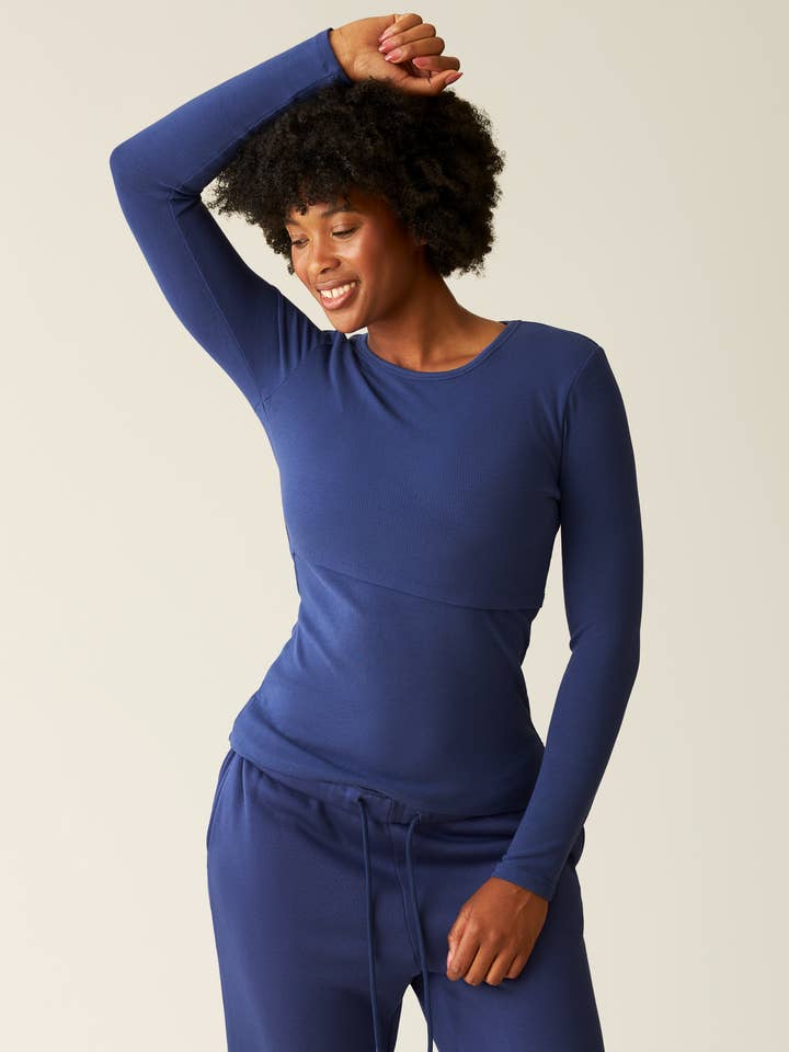 Ribbed Bamboo Long Sleeve Nursing T-shirt | Deep Blue for wholesale by Kindred Bravely