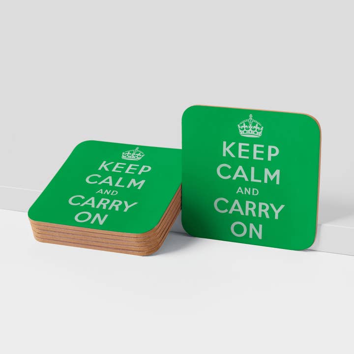 COASTER (Pack of 10): Keep Calm And Carry On - Green. ML0123 for wholesale by Memory Lane