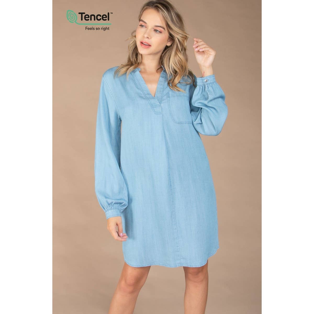 Light Blue Mandarin Collar Tencel Shirt Dress for wholesale on Faire0
