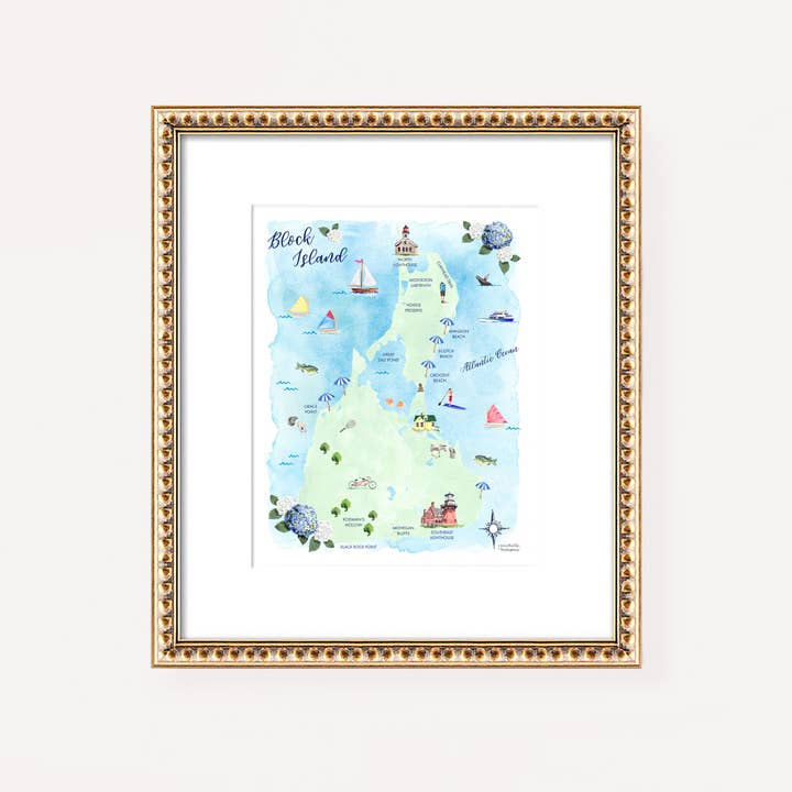 Watercolor Block Island Map Art Print by Michelle Mospens for wholesale by Michelle Mospens