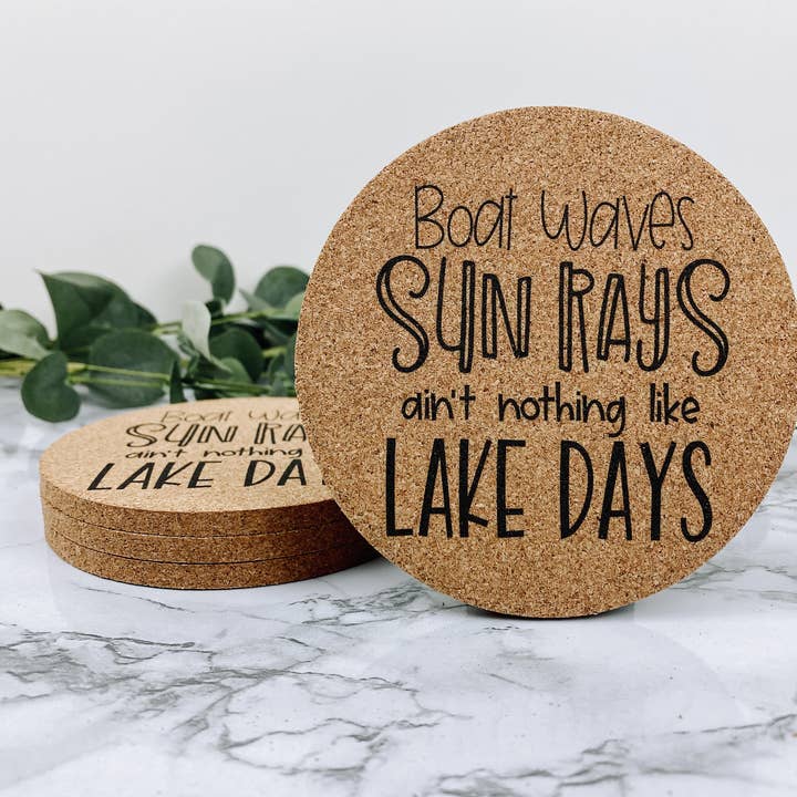 Boat Waves Sun Rays Ain't Nothin Like Lake Day Cork Coasters for wholesale by WT Custom Designs