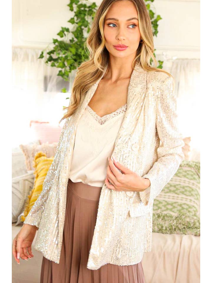 Vine & Love - Wholesale Blazer - Women's - Sequin Detail Open Front Long Sleeve Blazer VJ8125713