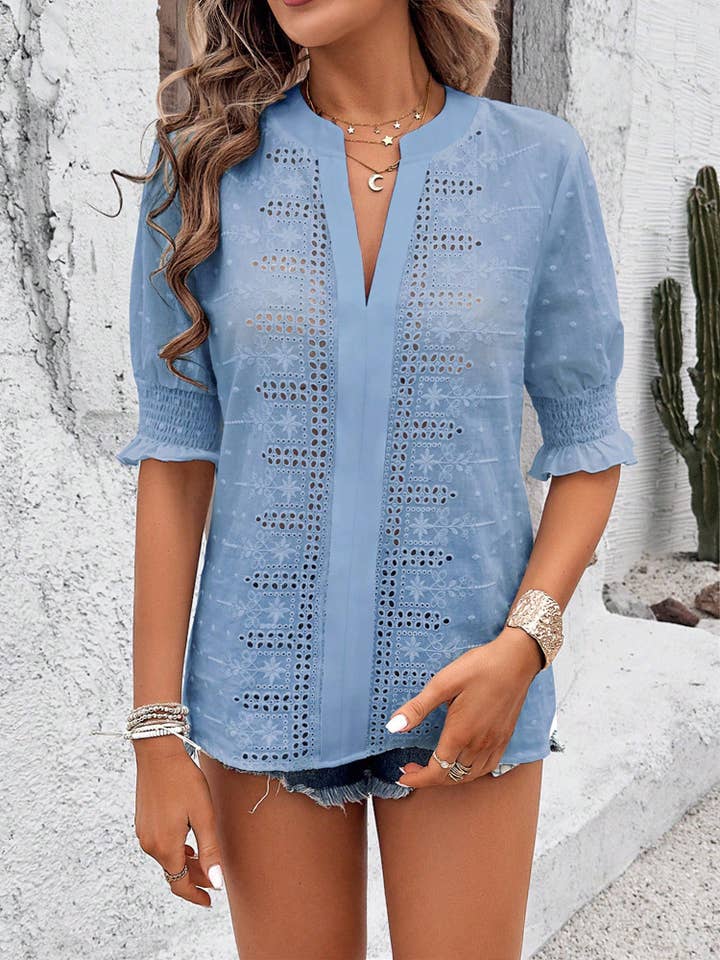 Rosa Clothing - Wholesale Blouse - Women's - embroidered eyelet v-neck short sleeve blouse