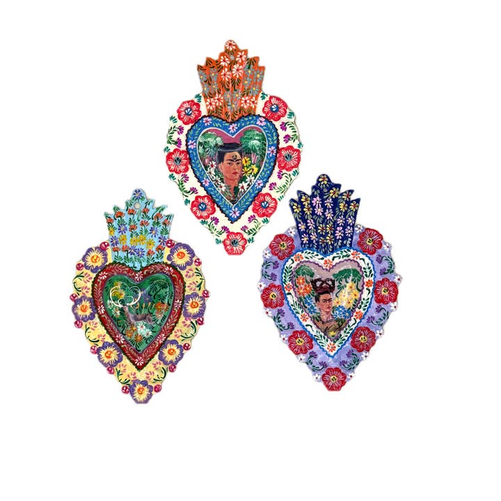 Tesoros Trading Company - Wholesale Ornament - Sm. Frida Painted Milagro Heart, Peru