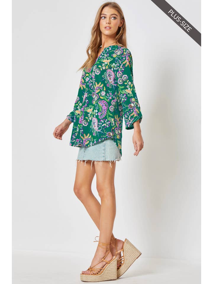 Teal PLUS SIZE Lizzy 3/4 Floral Wrinkle Free Top for wholesale on Faire
