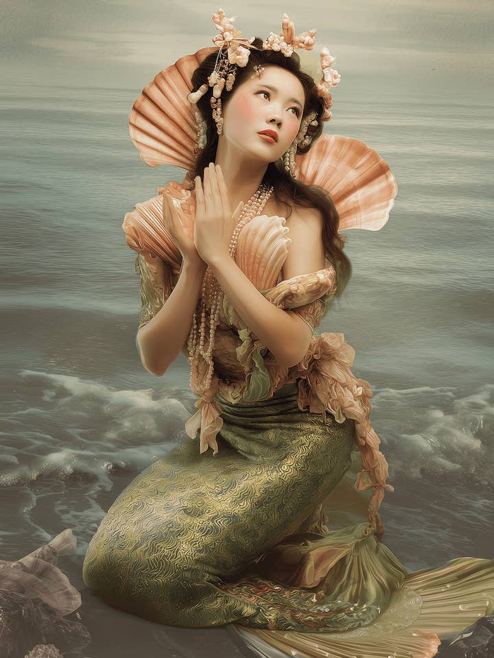 Schöne China-Puppen-Meerjungfrau, die Ahnen ehrt, Kunstdruck - 8"x10" Kunstwerk für den Großhandel von Mowbi