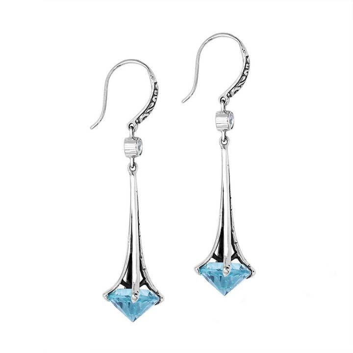 Bali Designs - Wholesale Dangle Earrings - AE-1175-BT Sterling Silver Long Blue Topaz Quartz Drop Earrings2