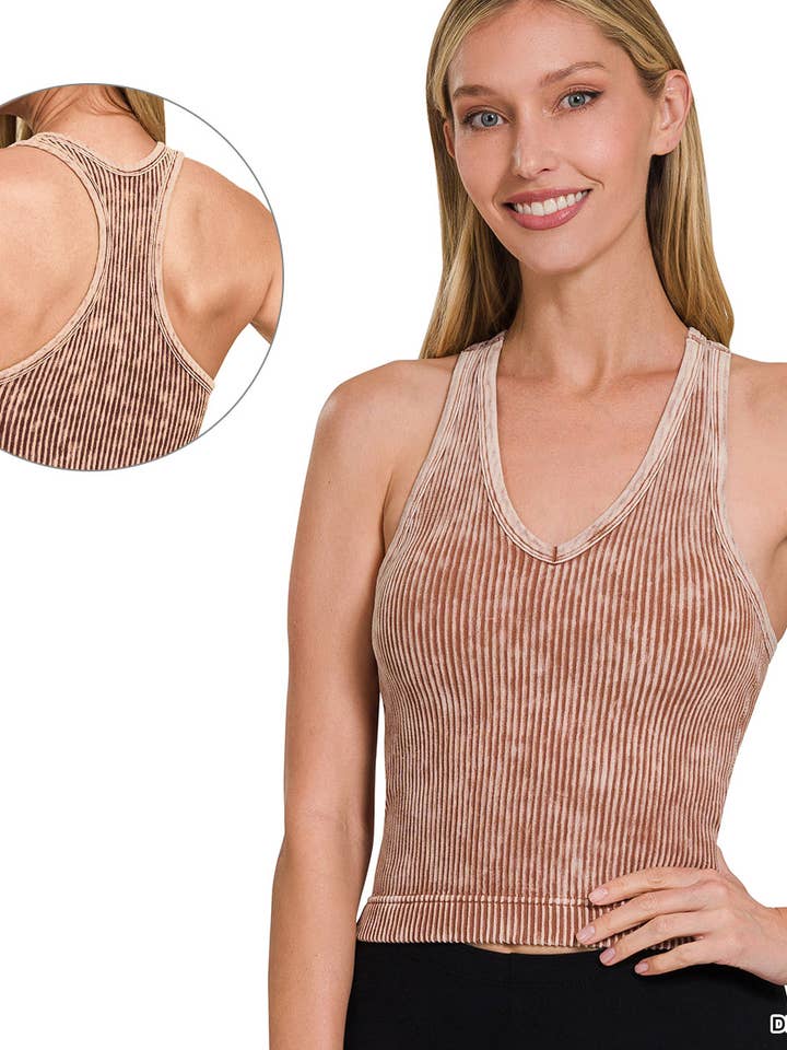 `.Washed Seamless Rib Crop Tank w/ Removable Bra for wholesale by 42POPS
