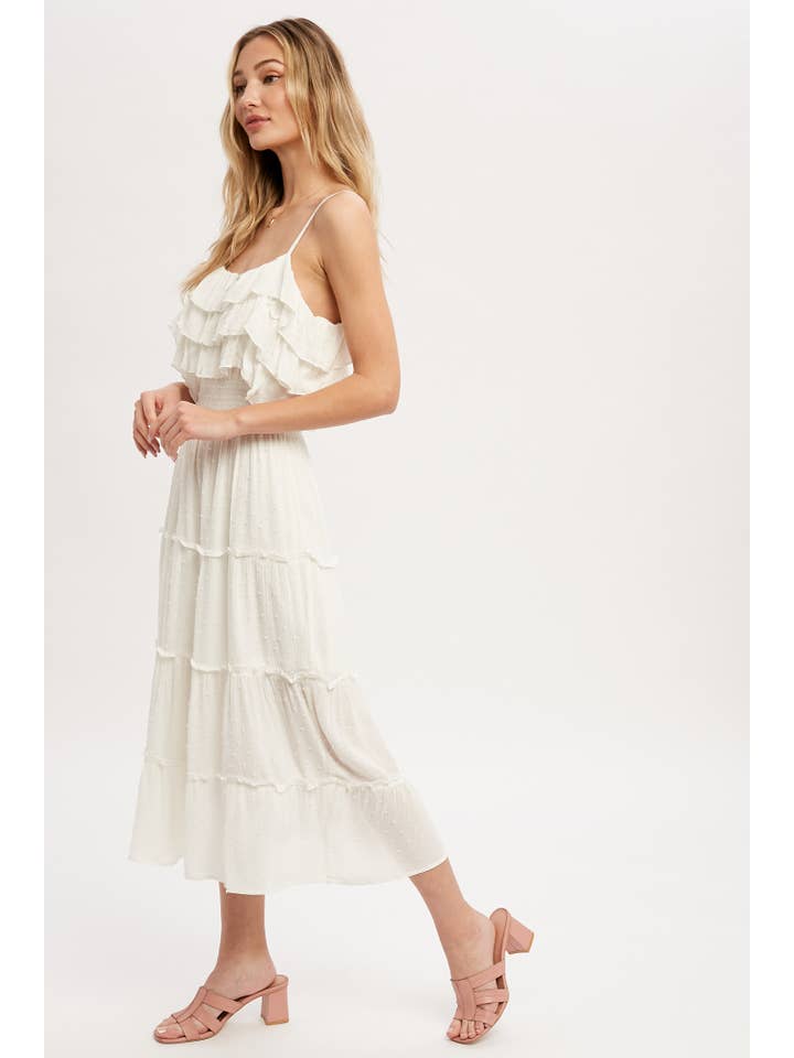 Bluivy – Großhandel Kleid – Damen – GESTUFTES MIDIKLEID MIT SCHWEIZER PUNKTEN UND RÜSCHEN3