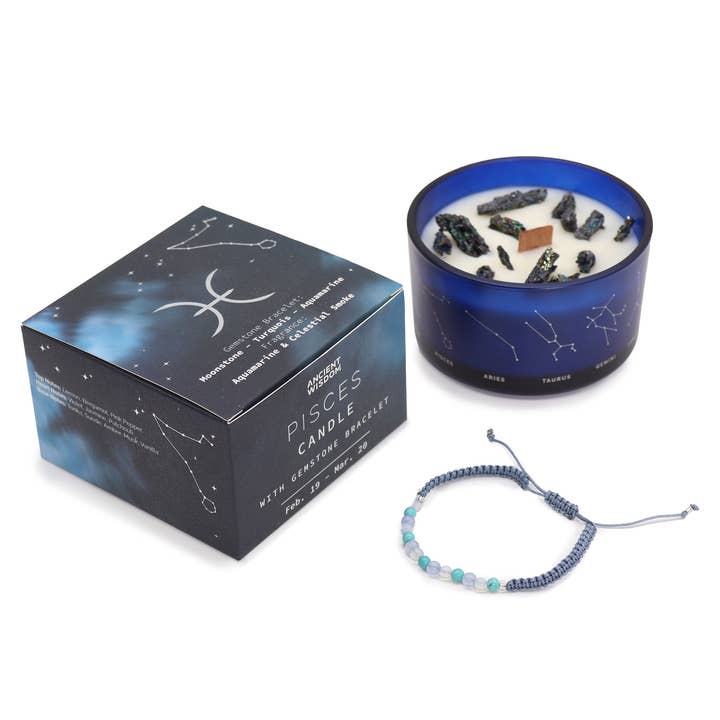 Zodiac Crystal Candle with Gemstone Bracelet - Pisces for wholesale by Ancient Wisdom