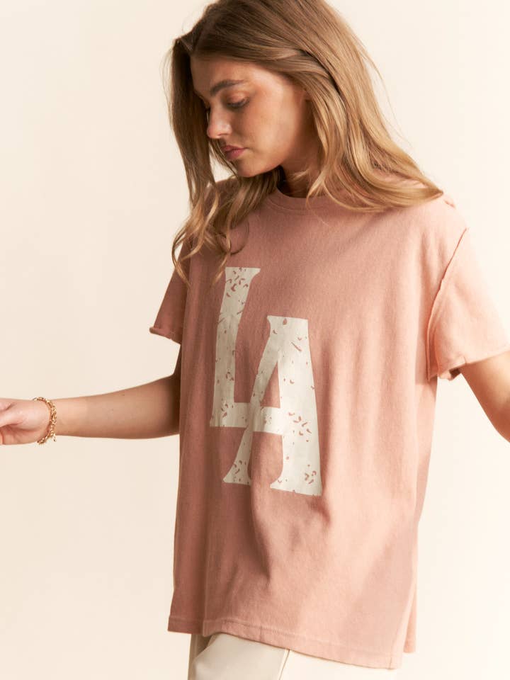 dust blush LA Logo Print Casual Short Sleeve Top for wholesale on Faire