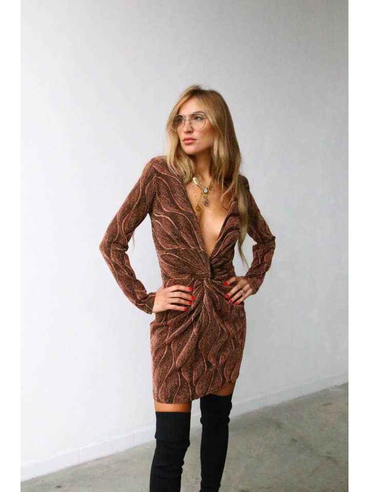 A6077 SHORT DRESS KNOT LUREX RUST for wholesale on Faire1