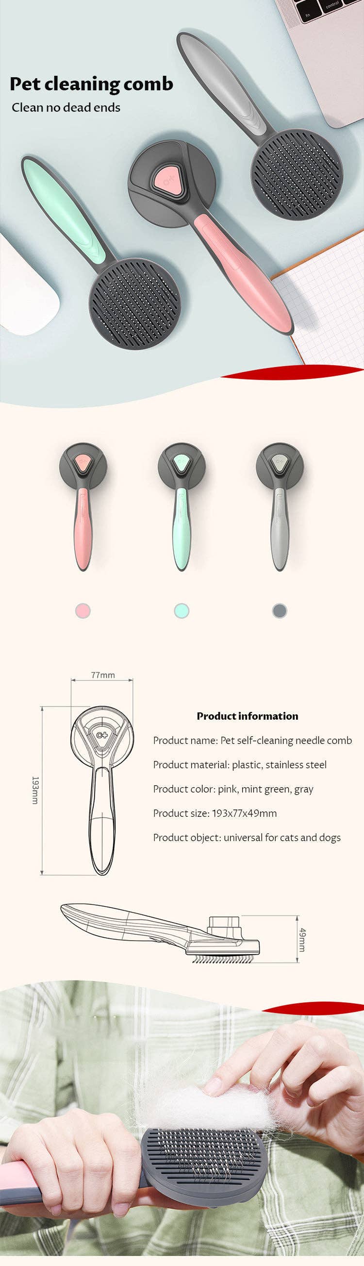 VIGOR - Vente Outil de toilettage – chien - Peigne autonettoyant pour poils d'animaux avec brosse automatique10