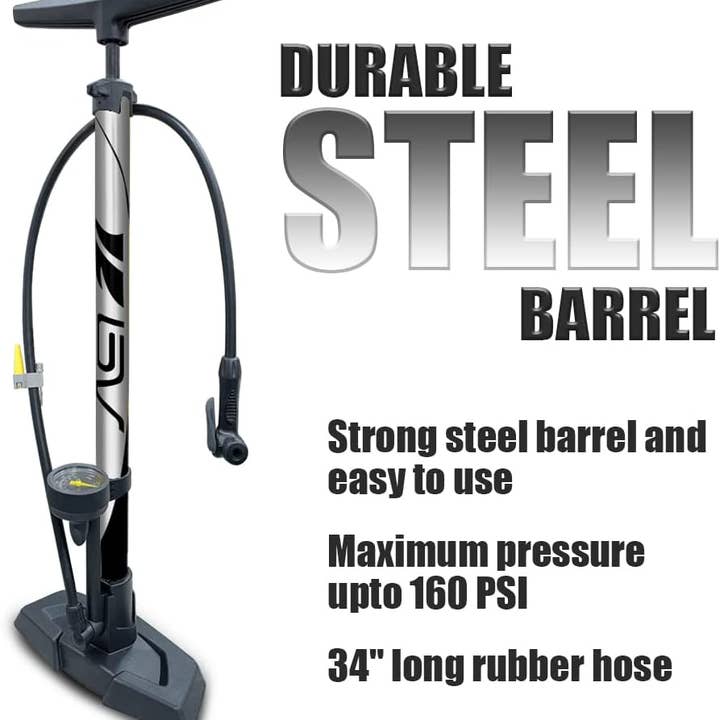 Infinite Basics - Venta al por mayor Accesorios de ciclismo - Bomba de suelo para bicicleta BV con cuerpo de acero, cabezal inteligente 17/24 pulgadas, 160 psi, válvula reversible automática Presta y Schrader4