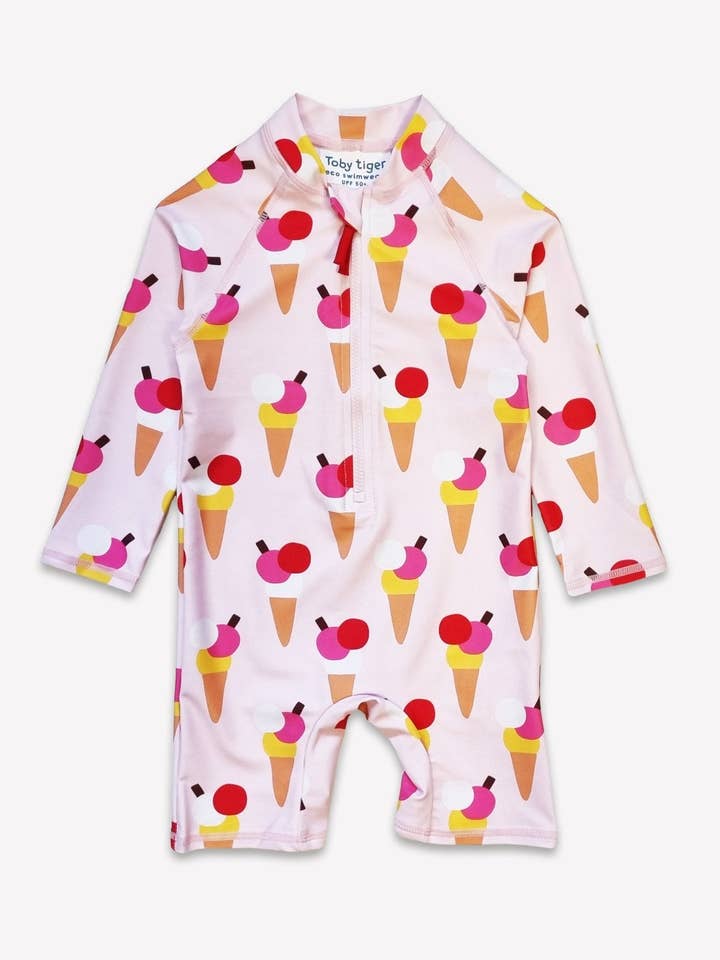 Toby Tiger - Wholesale One Piece Swimsuit - Baby - Ice Cream Cones Print Baby Long-Sleeved Swimsuit